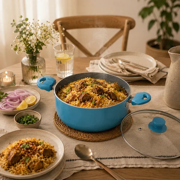 Aqua Blue Non-Stick Biryani Pan with Toughened Glass Lid, 4300ml