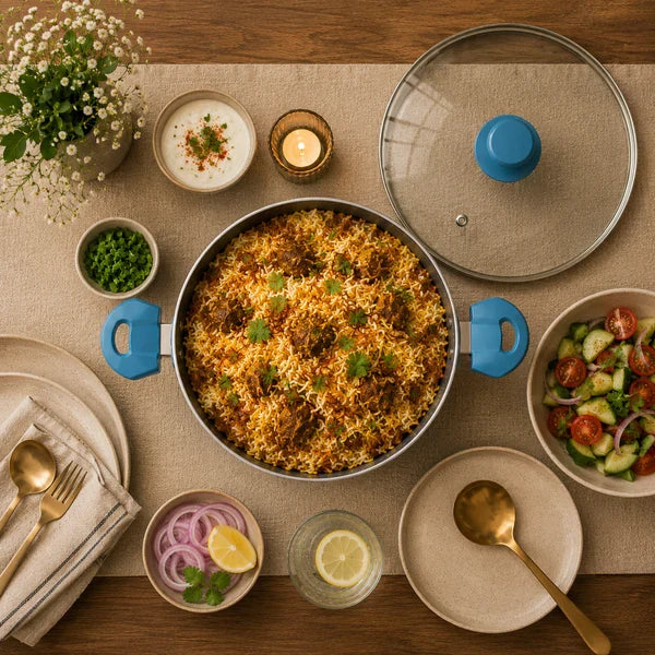 Aqua Blue Non-Stick Biryani Pan with Toughened Glass Lid, 4300ml