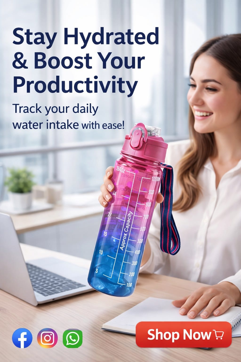 Motivational Time-Marked Water Bottle for Gym and Office, Pack of 1