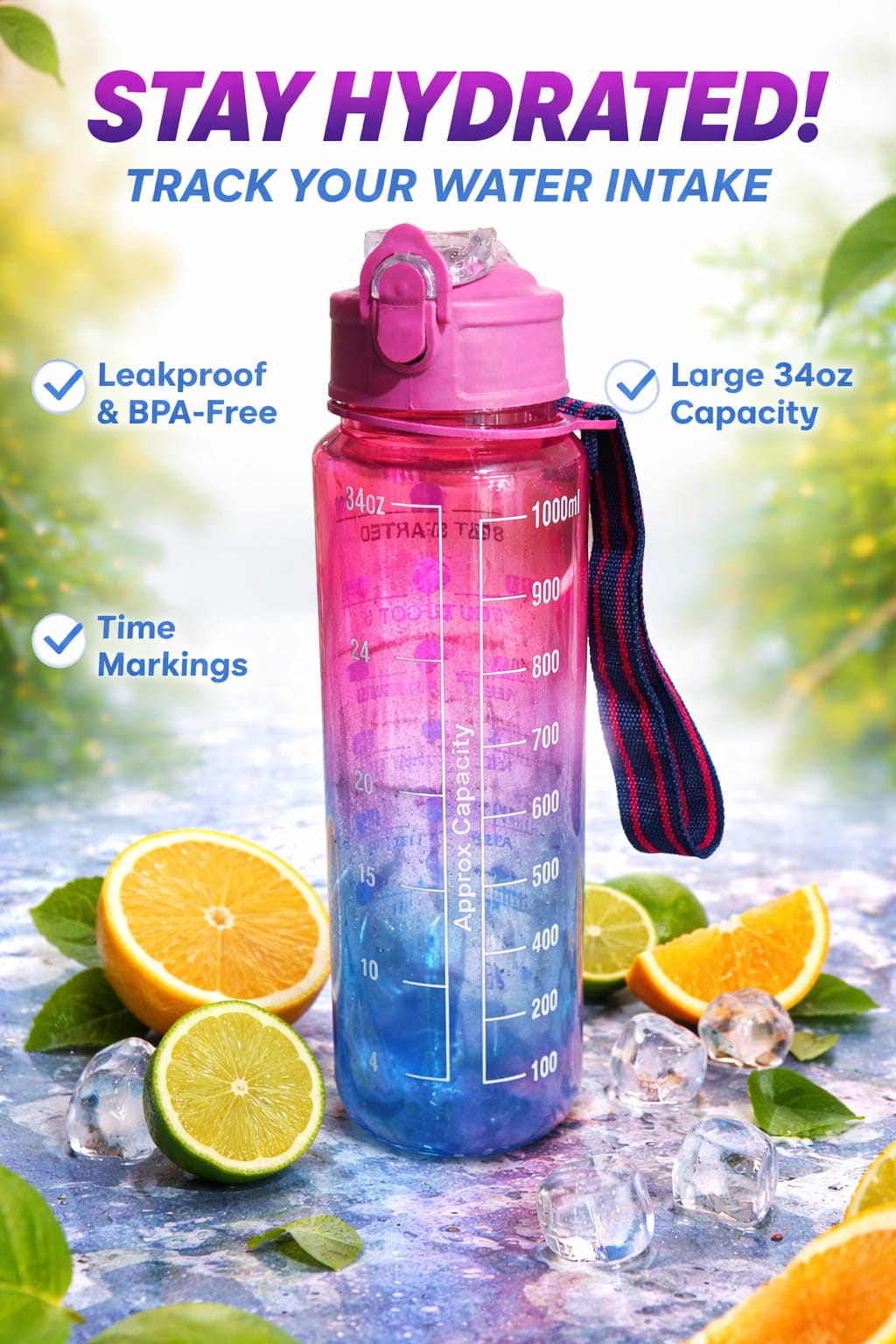 Motivational Time-Marked Water Bottle for Gym and Office, Pack of 1