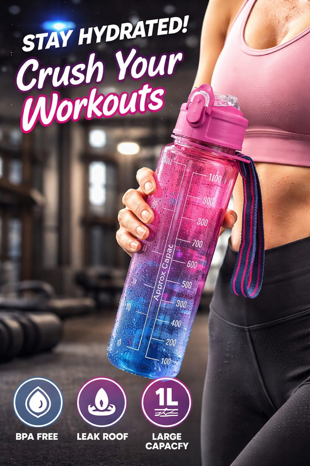 Motivational Time-Marked Water Bottle for Gym and Office, Pack of 1