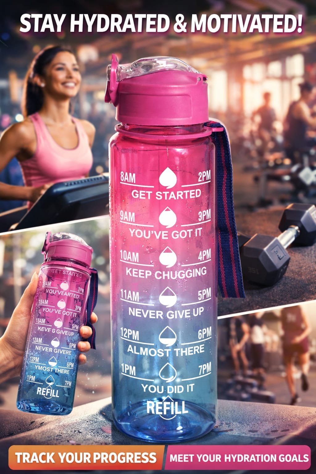 Motivational Time-Marked Water Bottle for Gym and Office, Pack of 1