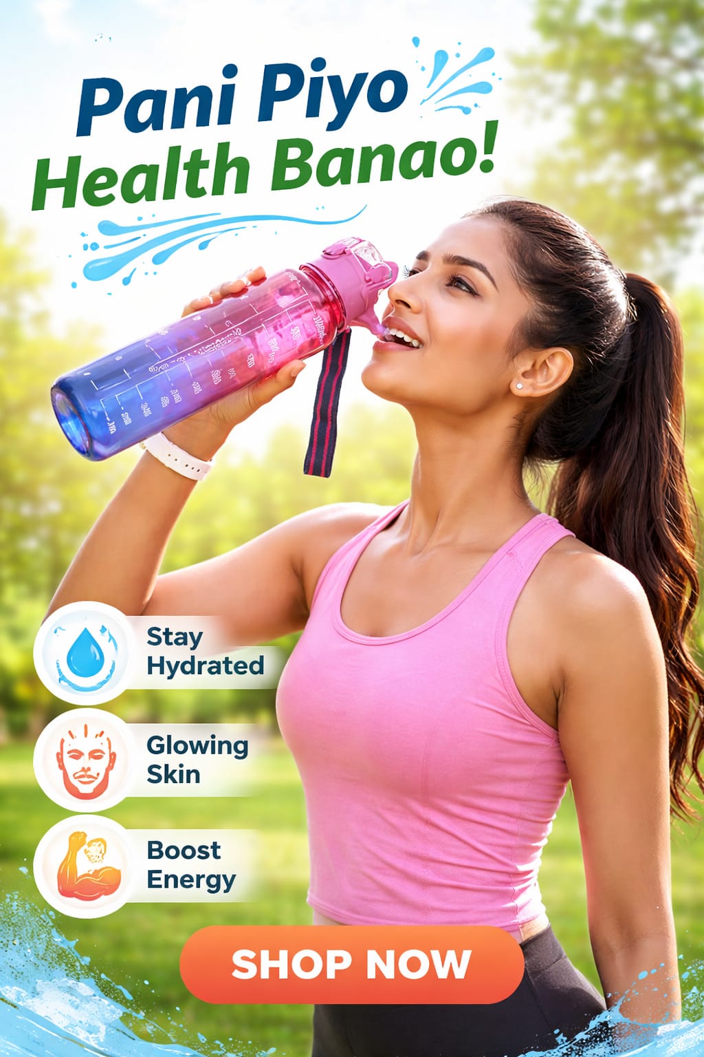 A motivational water bottle with printed time markers for gym and office use