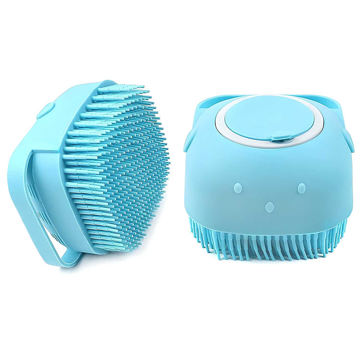 A soft silicone bath brush with an integrated hanging hook for shower use.