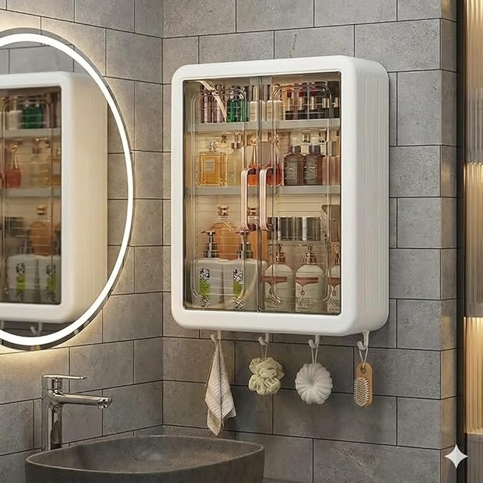 Wall mounted plastic bathroom cabinet with doors and hooks