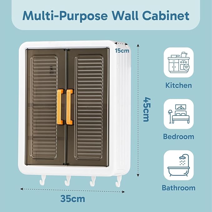 Wall Mounted Bathroom Cabinet Organizer with Doors and Hooks, No-Drill Design