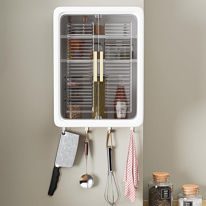 Wall Mounted Bathroom Cabinet Organizer with Doors and Hooks, No-Drill Design