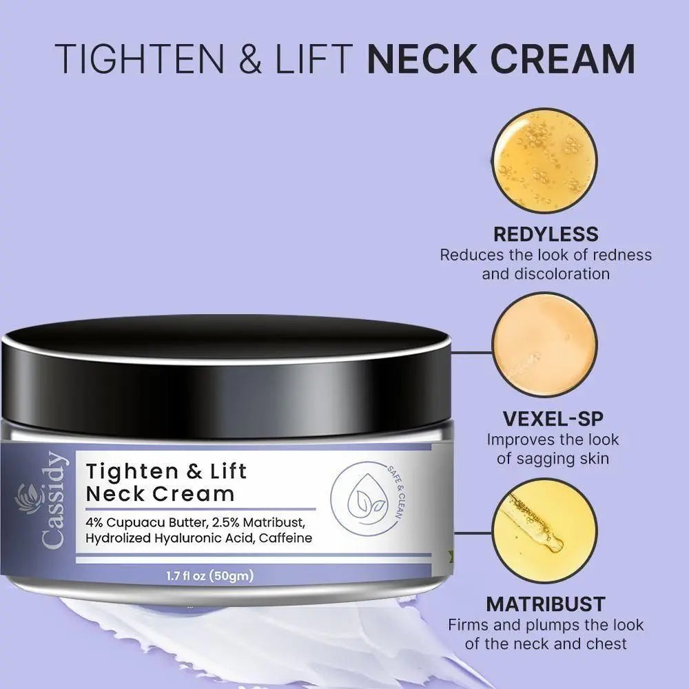 Two 50gm jars of CASSIDY Tighten and Lift Neck Cream side by side