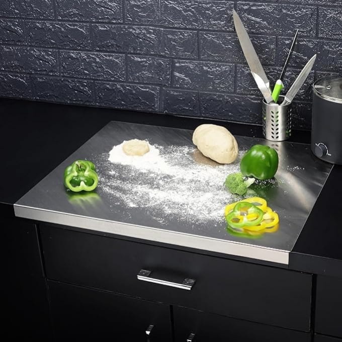 Large rectangular stainless steel chopping board for kitchen use