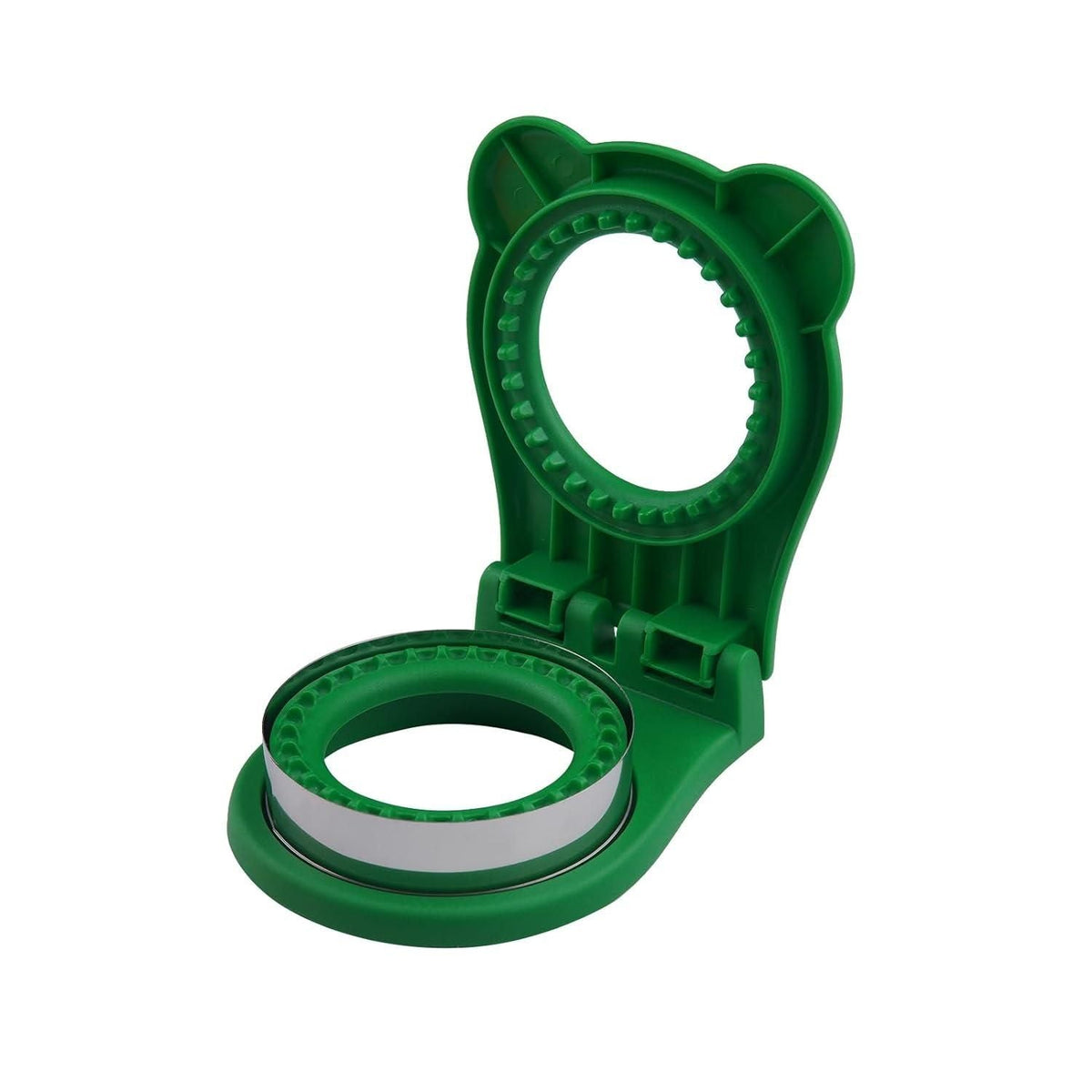 A single plastic sandwich cutter tool for shaping bread slices.