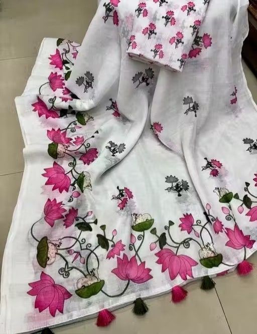 White linen cotton saree with digital flower print and unstitched blouse piece