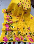 New Flower Linen Cotton Digital Print White Saree with Blouse Piece