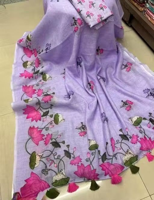 New Flower Linen Cotton Digital Print White Saree with Blouse Piece