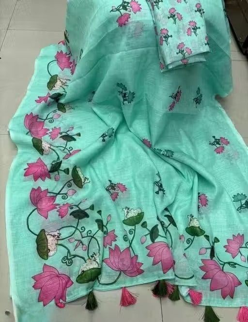 New Flower Linen Cotton Digital Print White Saree with Blouse Piece