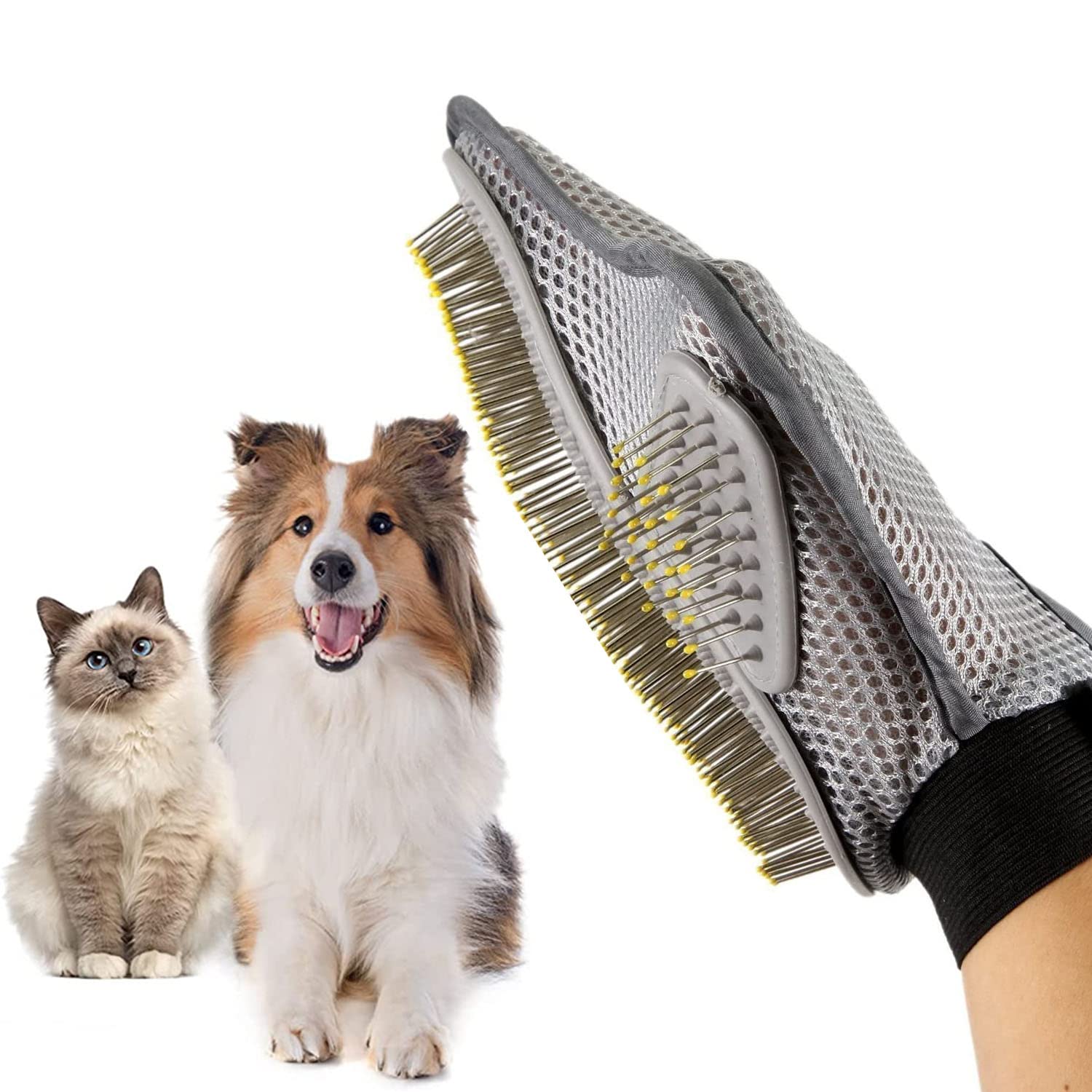 One pet grooming glove designed for removing loose hair from dogs and cats