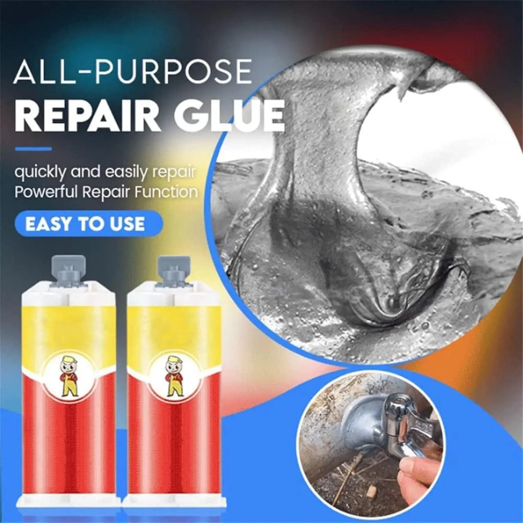 Two tubes of all-purpose repair glue against a plain background