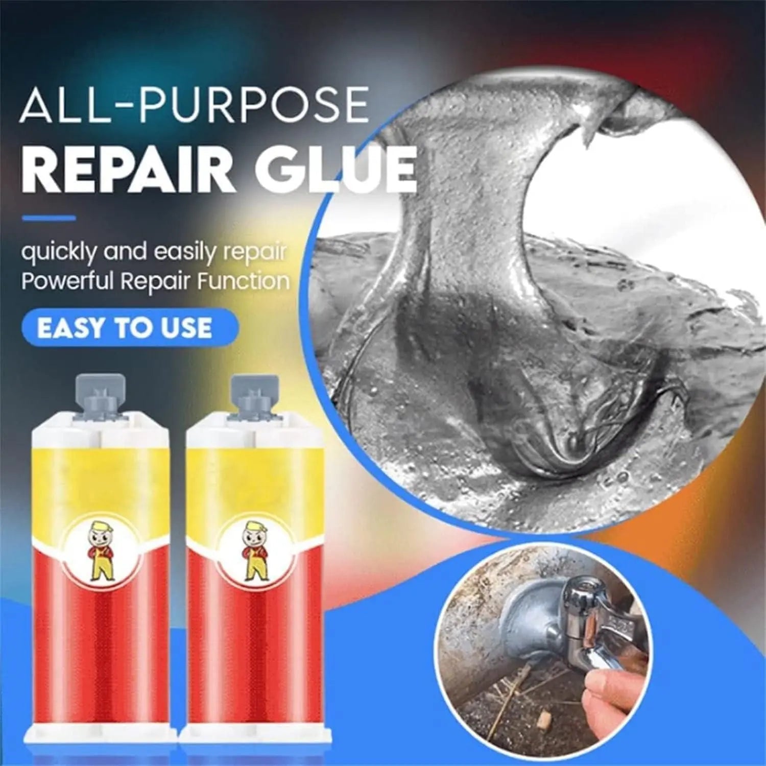 Two tubes of all-purpose repair glue against a plain background