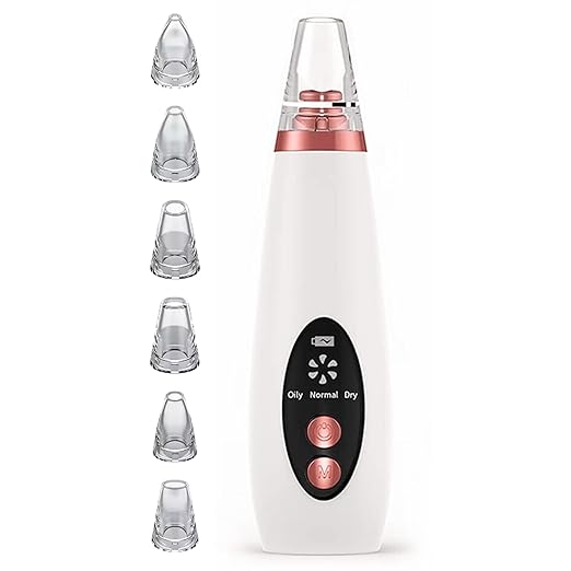 An electric blackhead and whitehead remover tool in white with six interchangeable suction attachments