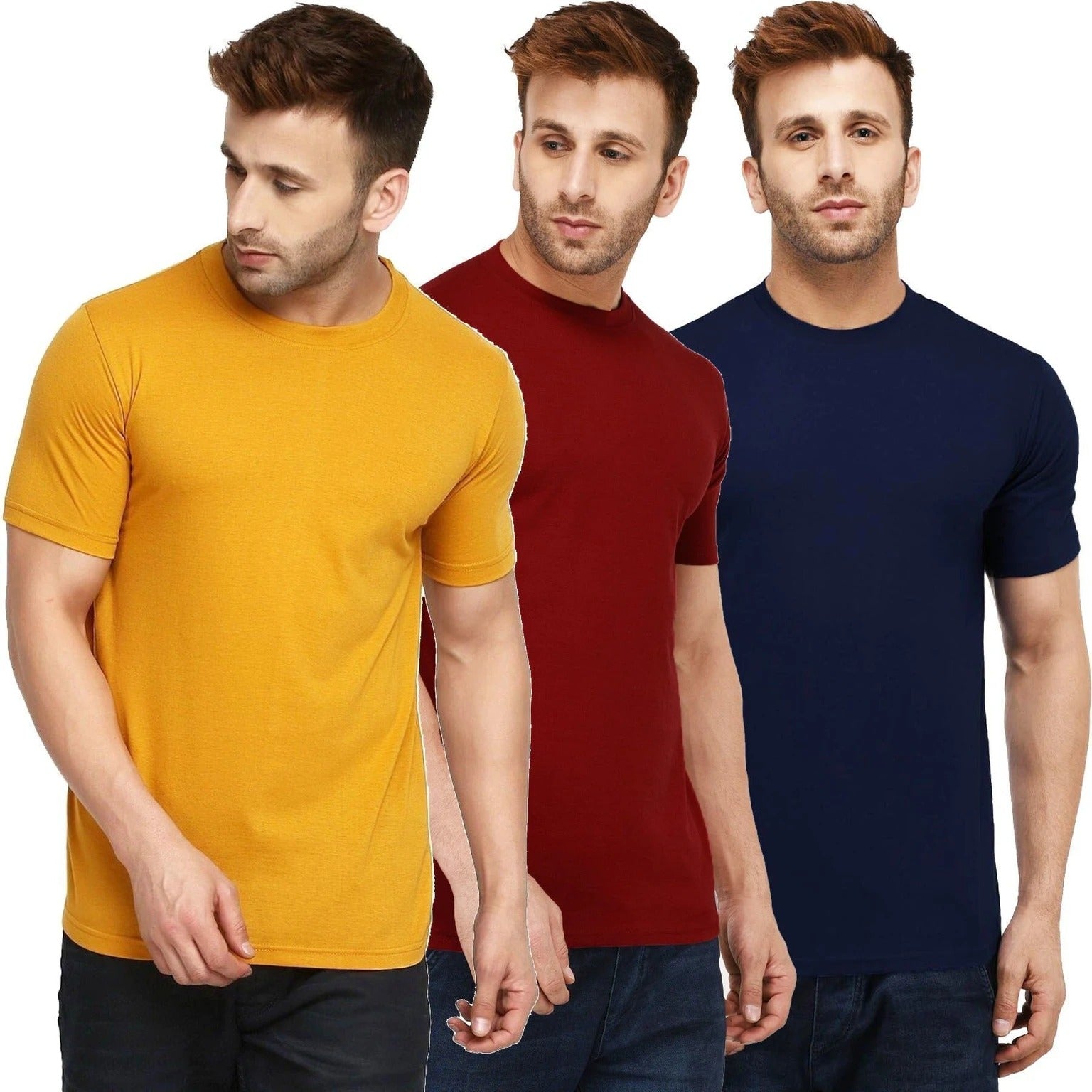 A pack of three cotton round neck half sleeve t-shirts in assorted colours.