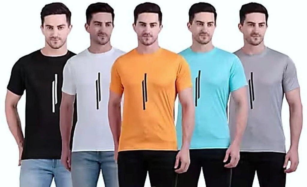 Five men's round neck striped t-shirts in assorted colors folded neatly