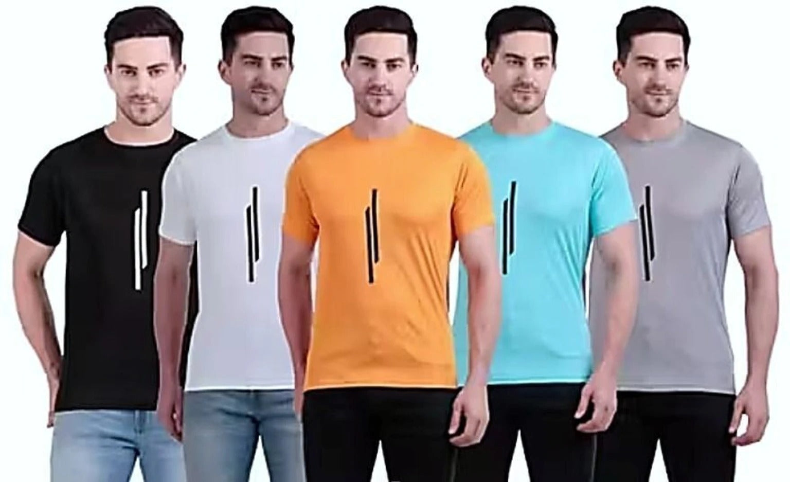 Five men's round neck striped t-shirts in assorted colors folded neatly