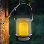 A rechargeable camping lantern with metal and plastic build showing multiple light mode settings