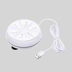 A white plastic portable ultrasonic turbine washing machine for small laundry loads