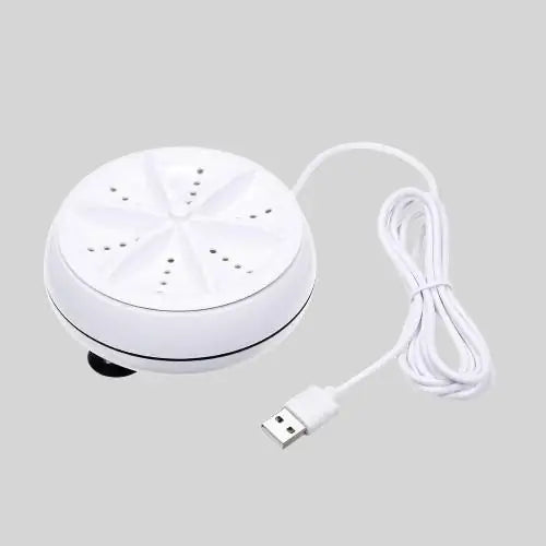 A white plastic portable ultrasonic turbine washing machine for small laundry loads