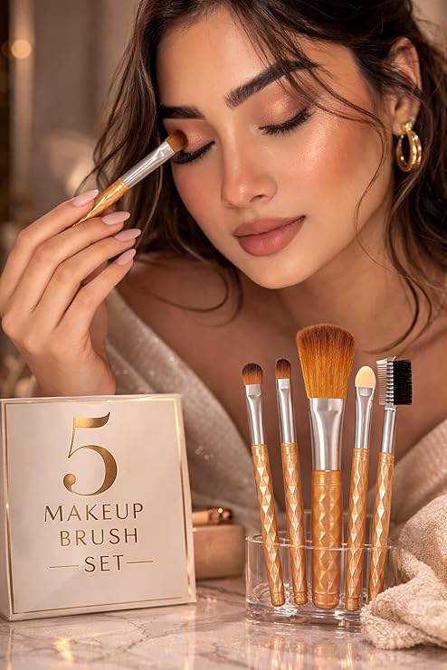 5-Piece Makeup Brush Set, Glitter Handle, Dual-Ended Brush & Comb