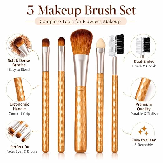 A set of five makeup brushes with glitter-finish handles and dense synthetic bristles including a dual-ended brow and lash comb