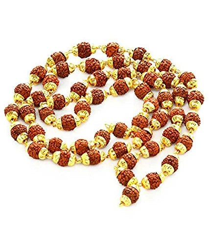 A close up view of a BHARATYUG gold plated Rudraksha mala with wood beads