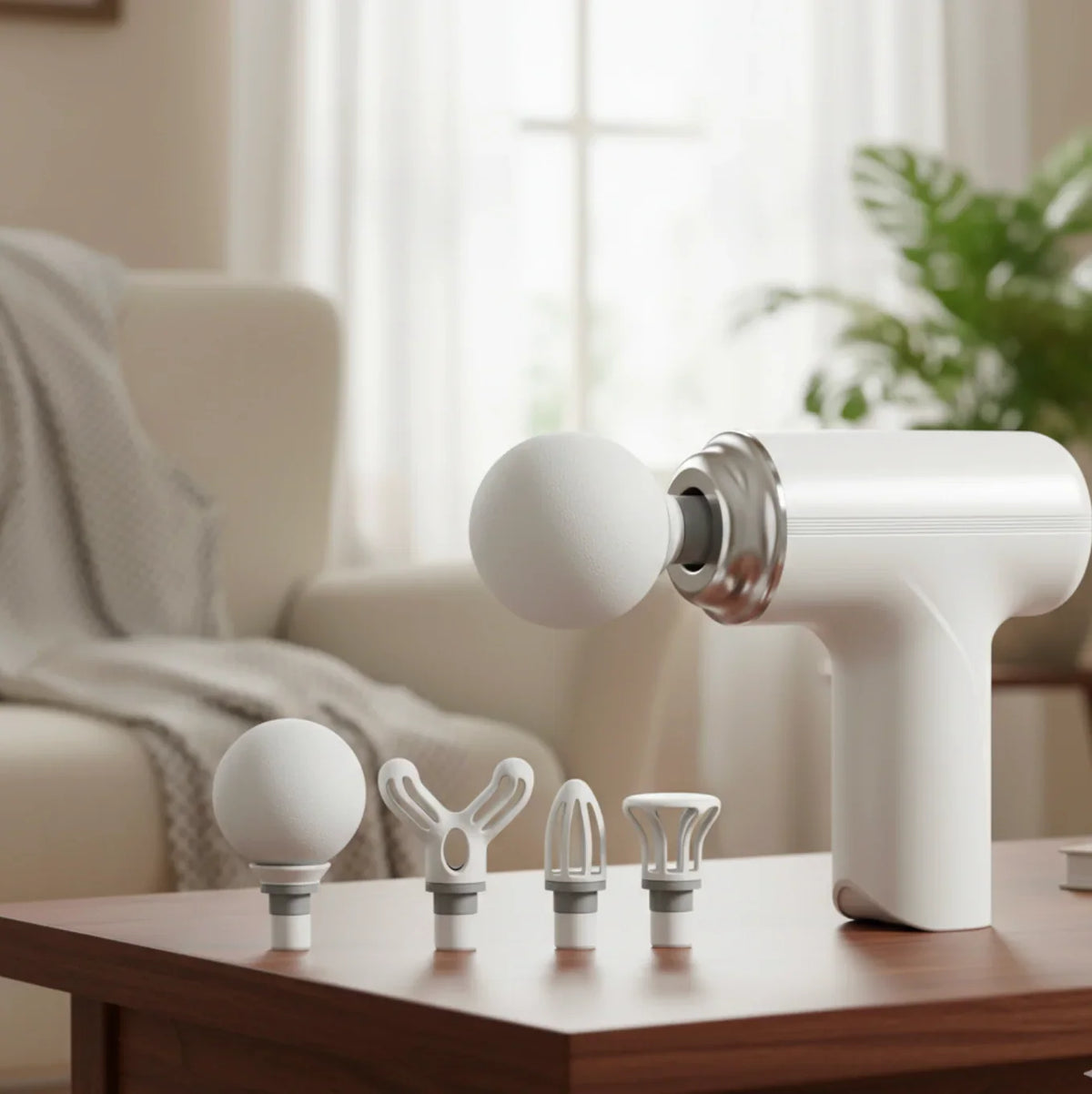 A metal handheld deep tissue massage gun with four different massage attachments displayed beside it.