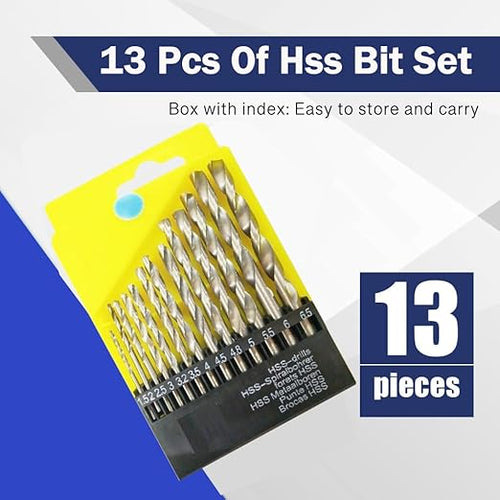 13 Piece HSS Drill Bit Set for Wood, Steel, Plastic, and Wall, 1.5-6.5 mm