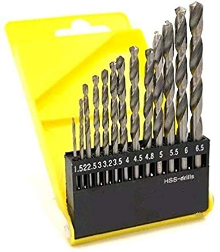 A 13-piece set of straight-shank HSS drill bits in various sizes ranging from 1.5 mm to 6.5 mm