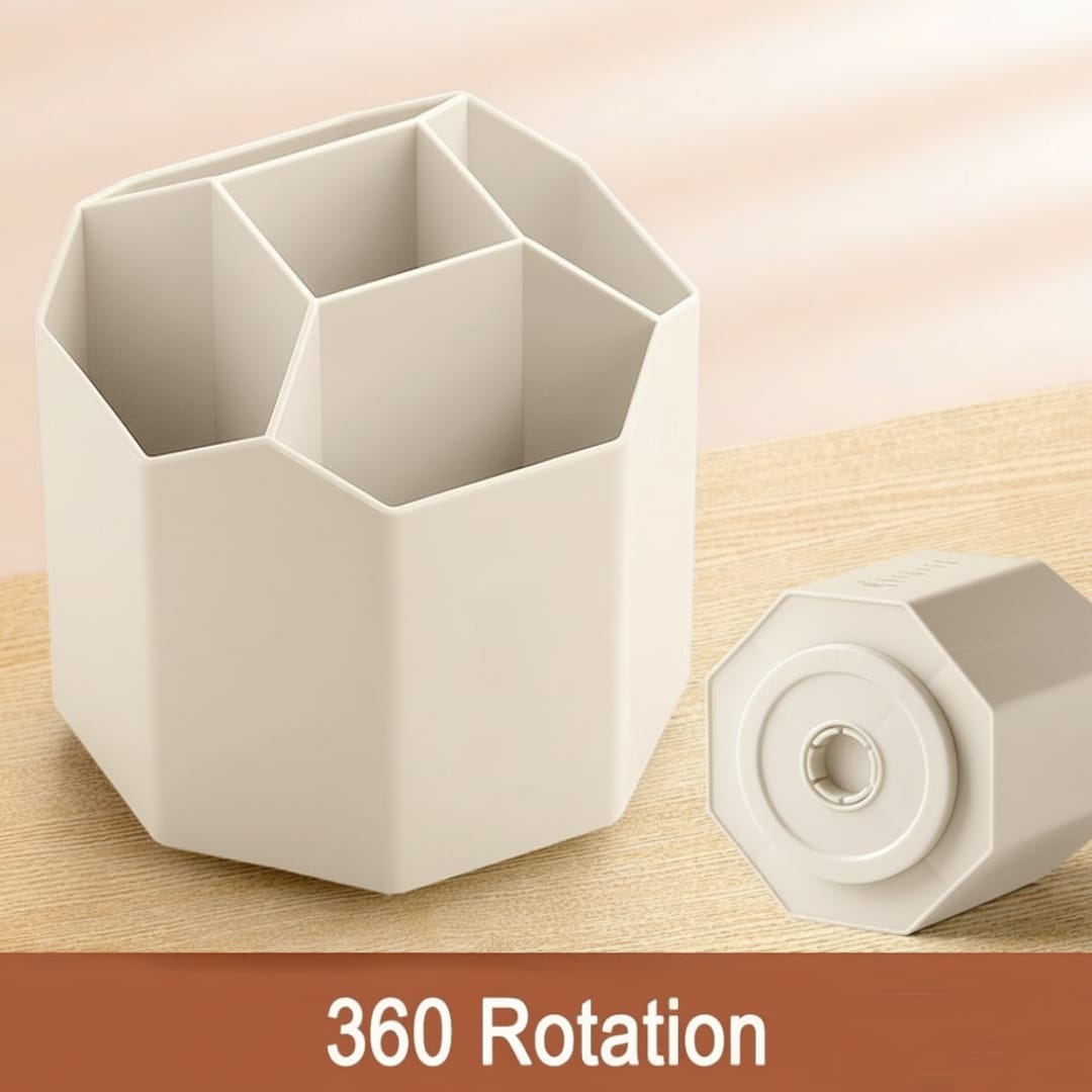 A plastic hexagonal desk organizer with multiple compartments for stationery