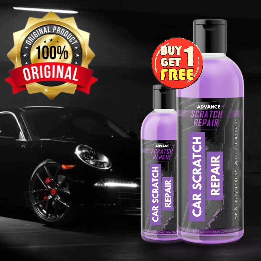 Two bottles of Advance Car Scratch Repair solution in white and orange packaging.