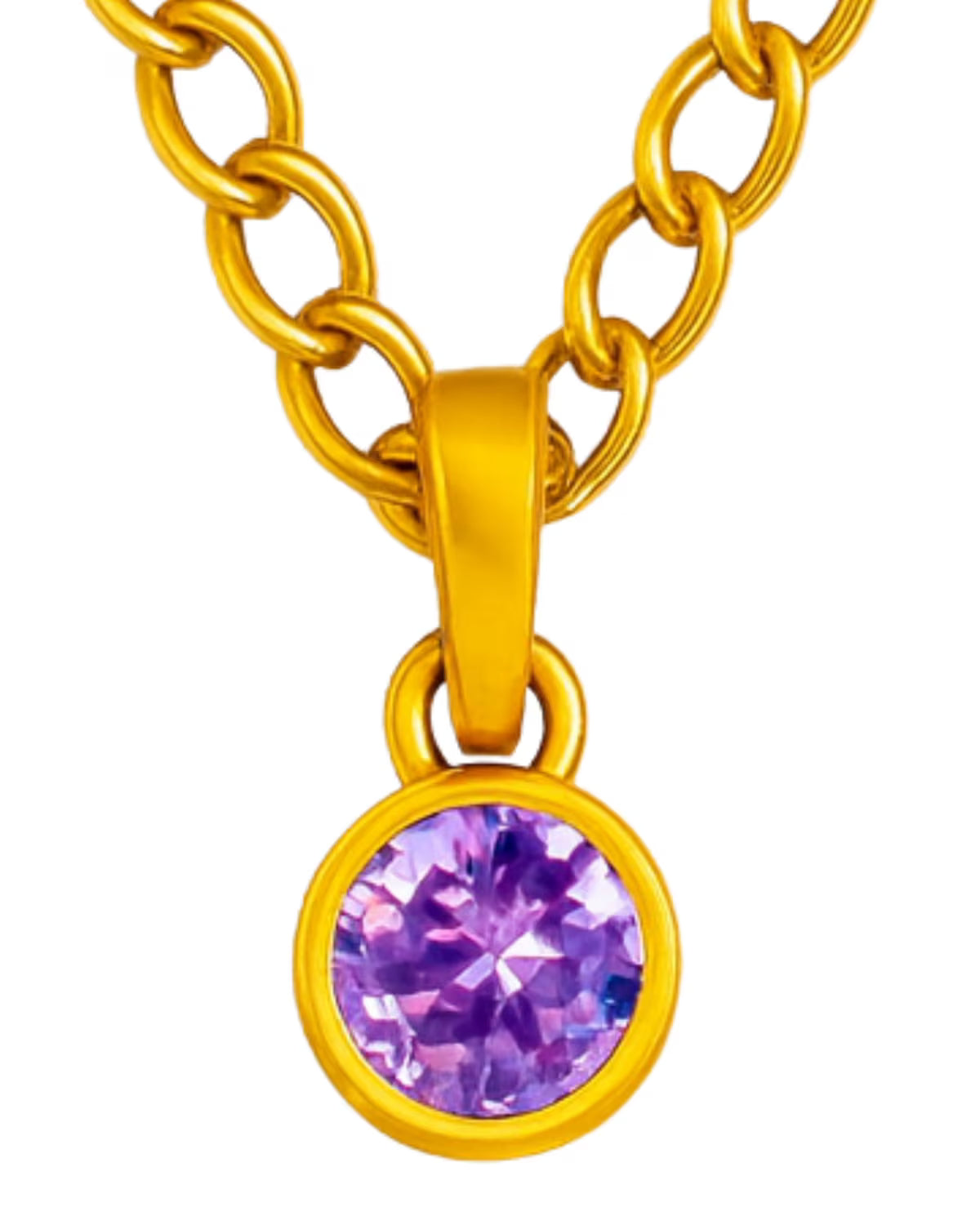Amethyst purple birthstone pendant hanging from a gold plated sterling silver chain