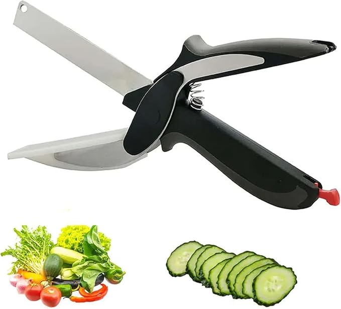 2 in 1 Clever Cutter kitchen tool with stainless steel blade and integrated cutting board