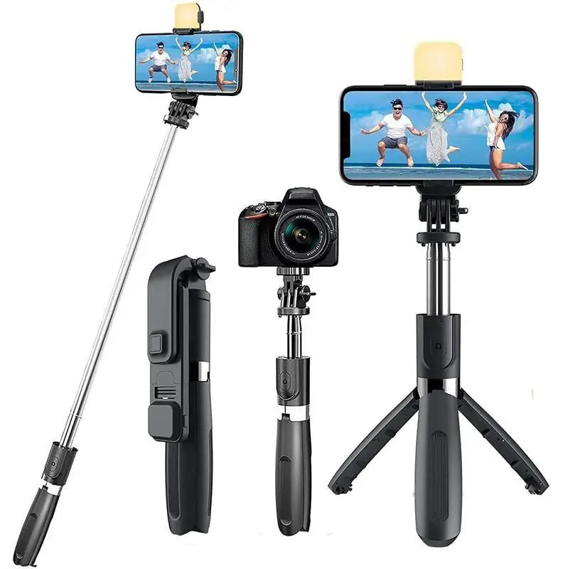 Extendable 3-in-1 black selfie stick tripod with a detachable Bluetooth remote