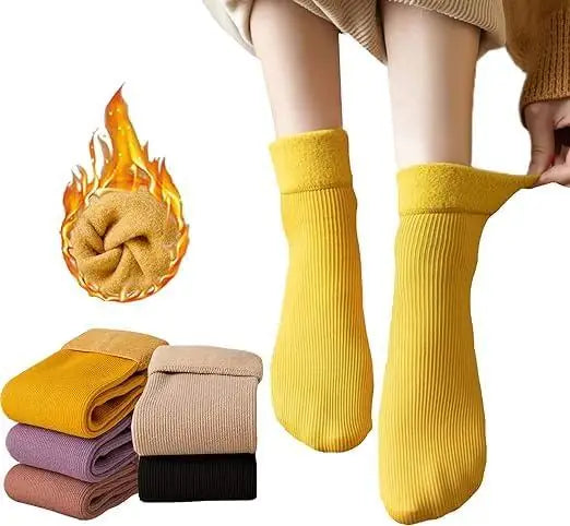 A pair of thick thermal socks in a fabric material designed for cold weather