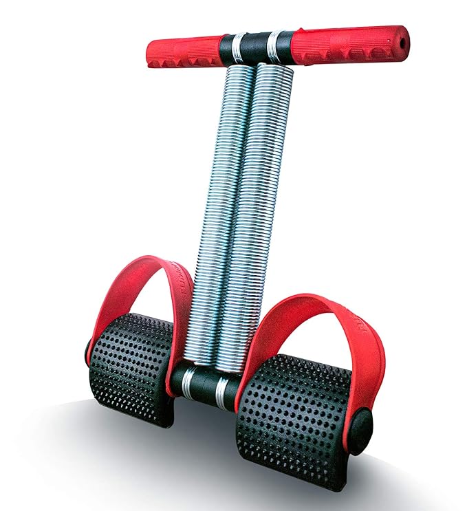 A spring tummy trimmer made of plastic with two handles and footrests for home exercises.
