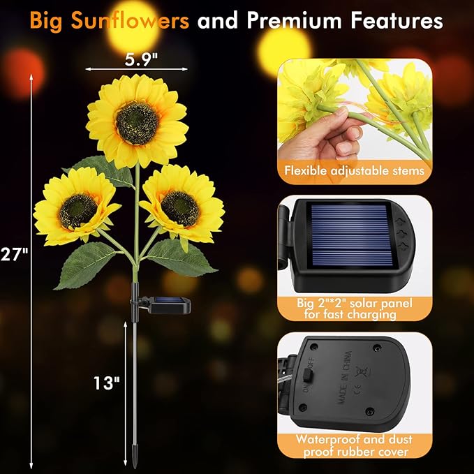 Solar Sunflower Garden Lights, Decorative Outdoor LED Floral Lighting - Pack of 1