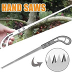 A portable hand saw with a sharp metal blade and a black non-slip handle for wood cutting.