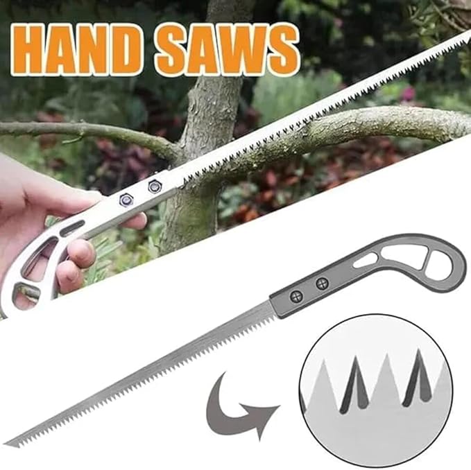 A portable hand saw with a sharp metal blade and a black non-slip handle for wood cutting.