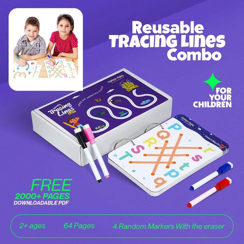A reusable tracing line practice book with various line patterns on the page for handwriting exercises.
