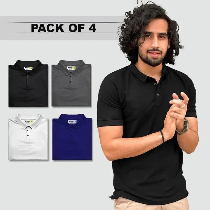 A stack of four assorted colour men's polo t-shirts with collars