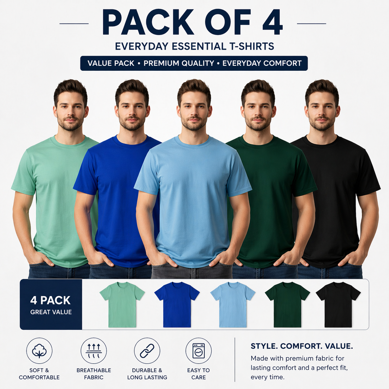 A stack of four cotton round neck half sleeve t-shirts