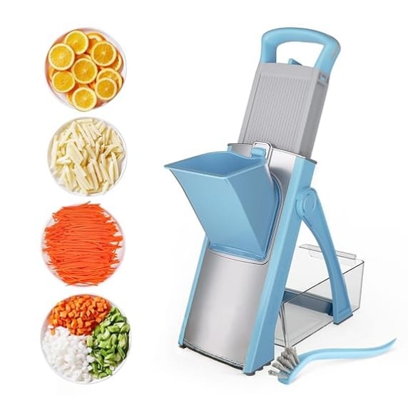 Vegetable chopper and slicer with stainless steel blade and plastic body