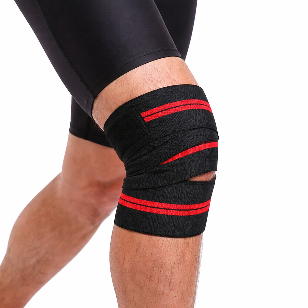 Single fitness knee strap with polyester fabric and silicone grip detailing