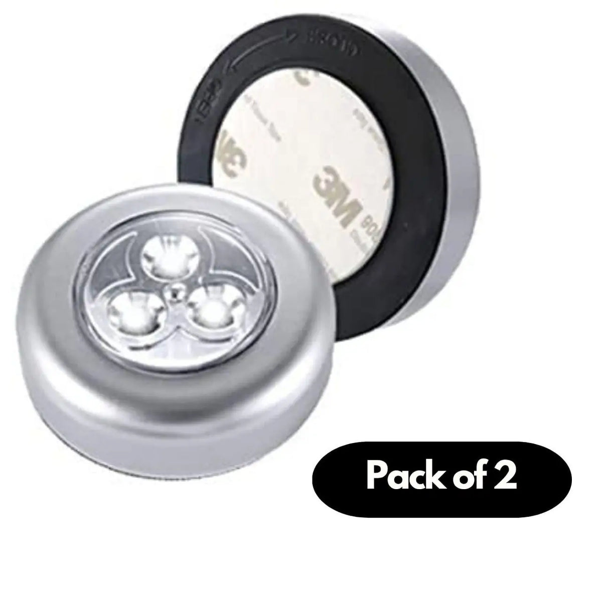 A set of two round stick-on touch lamps for interior cabinet lighting